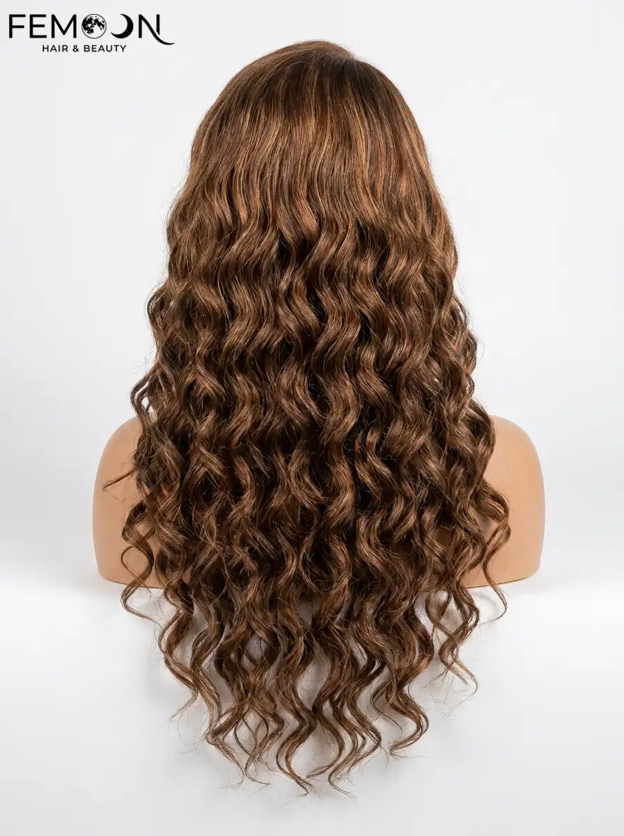 Bouncy deep wave hair texture close up showing natural luster of premium unprocessed virgin human hair for salon wholesale.